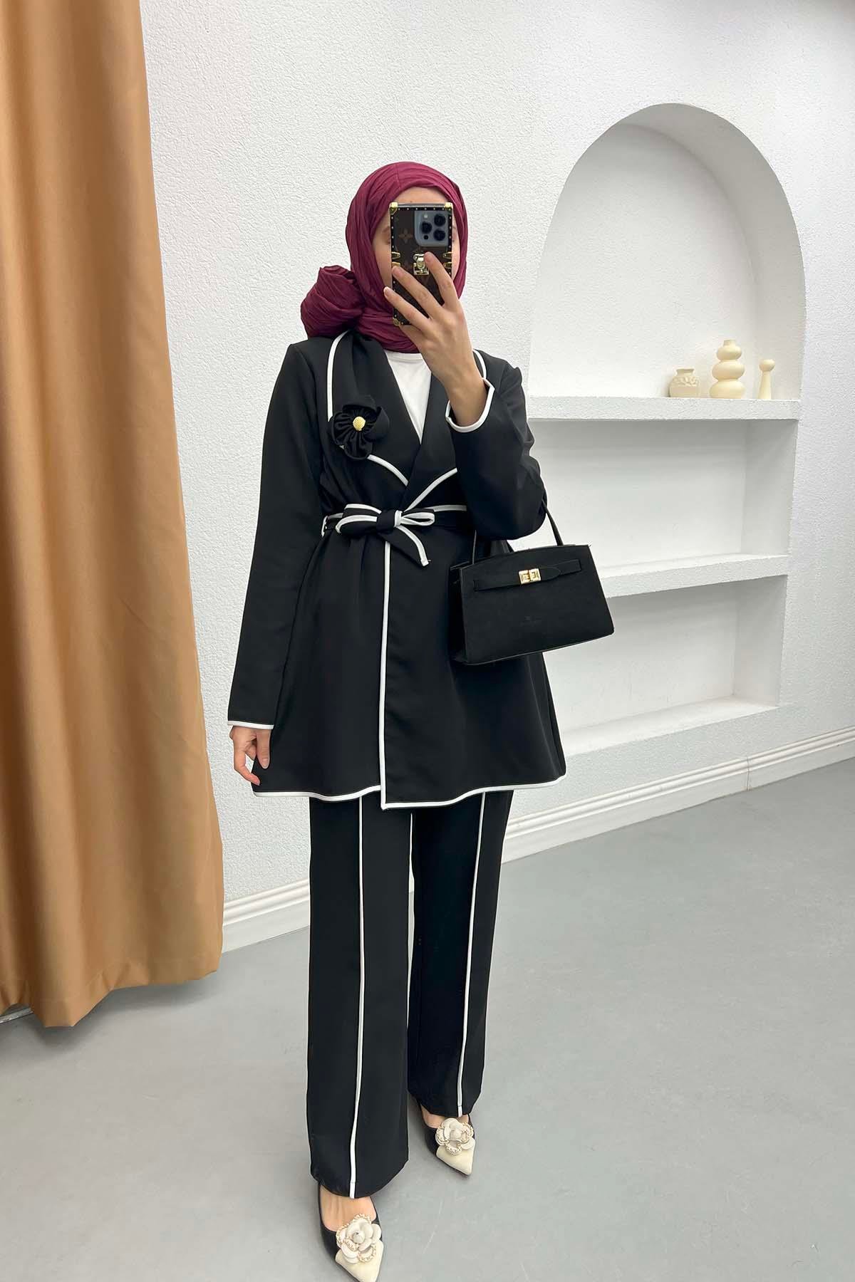 Piping Detailed Tied Jacket Set Black