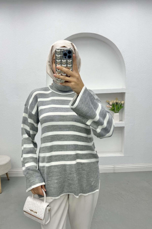 Turtleneck Striped Sweater Gray