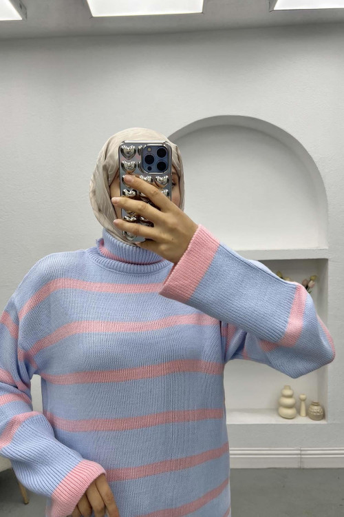 Turtleneck Striped Sweater Blue