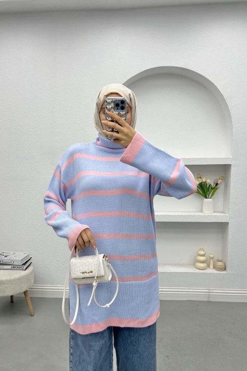 Turtleneck Striped Sweater Blue