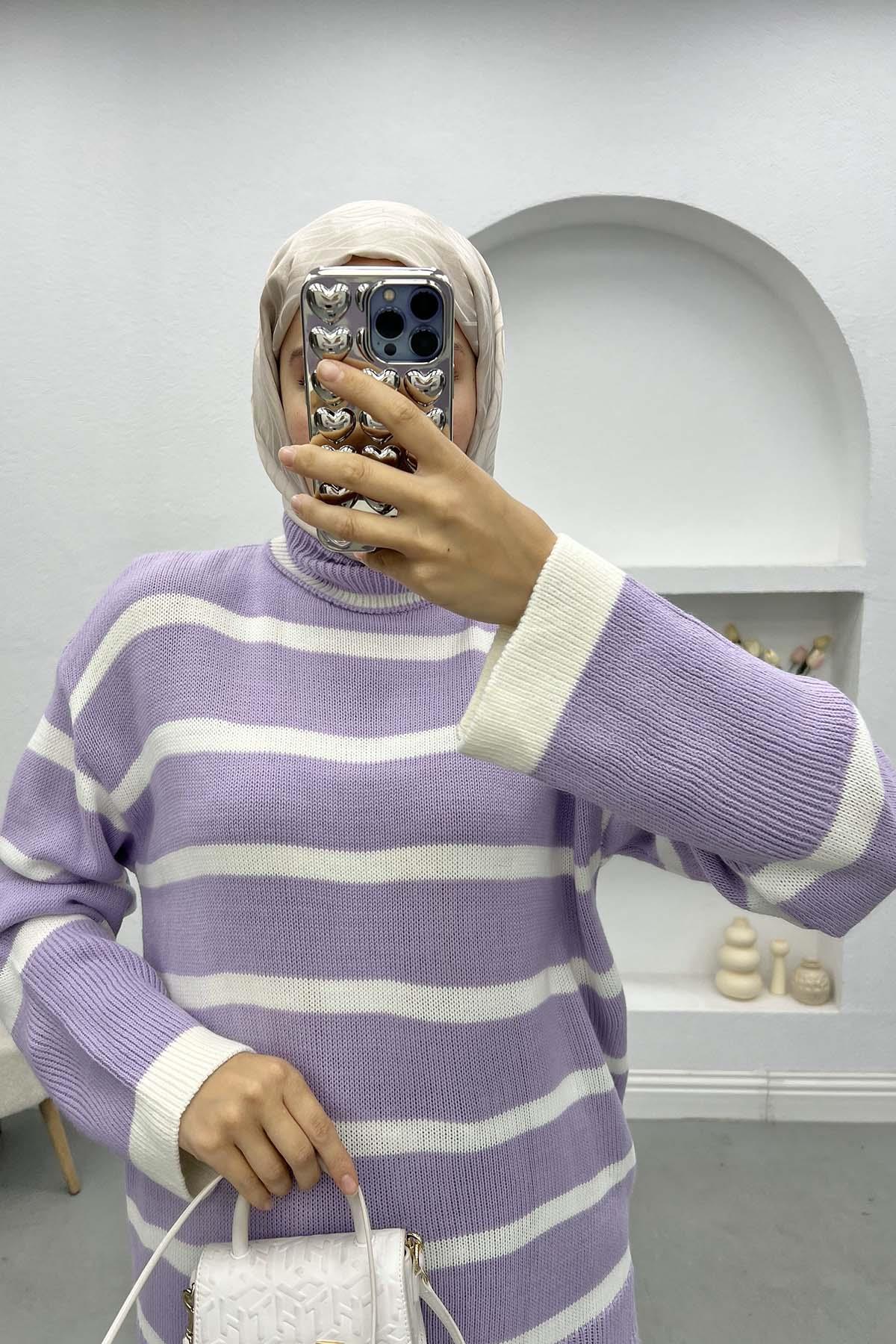 Turtleneck Striped Sweater Purple