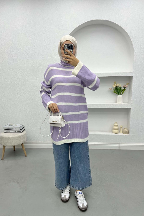 Turtleneck Striped Sweater Purple