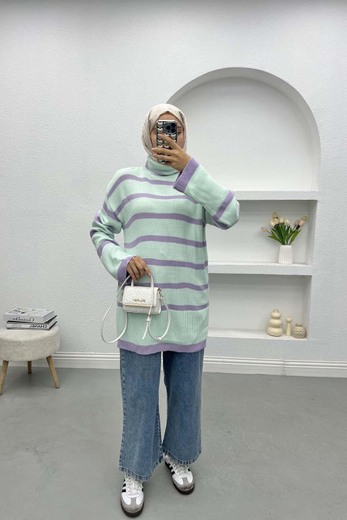 Turtleneck Striped Sweater Aqua Green