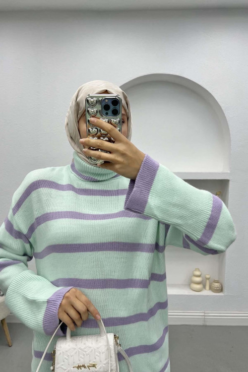 Turtleneck Striped Sweater Aqua Green