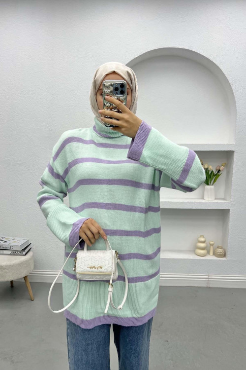 Turtleneck Striped Sweater Aqua Green