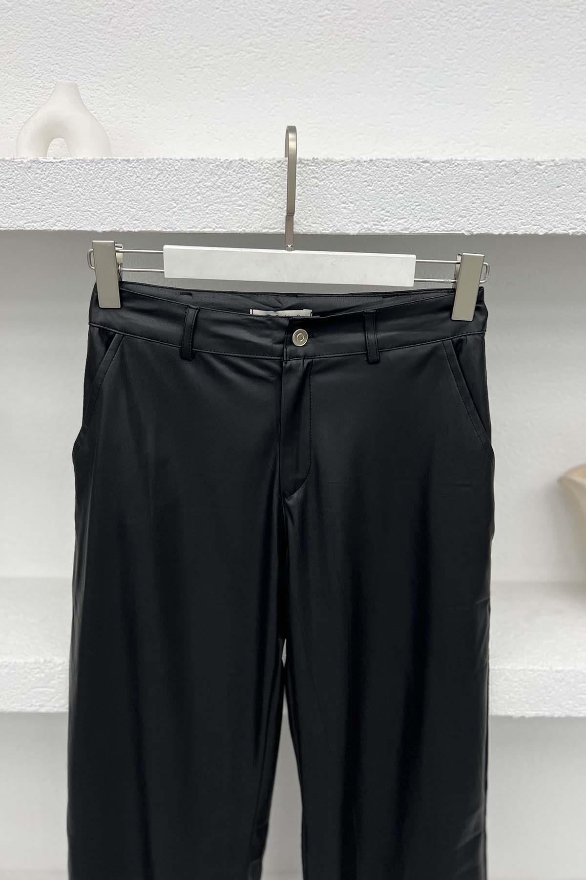 Wide Leg Leather Trousers Black