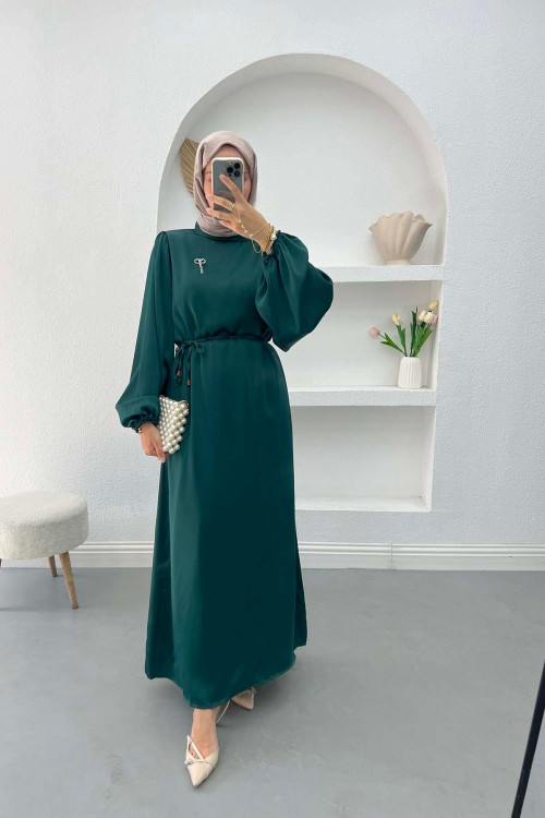 Brooch Satin Dress Emerald Green