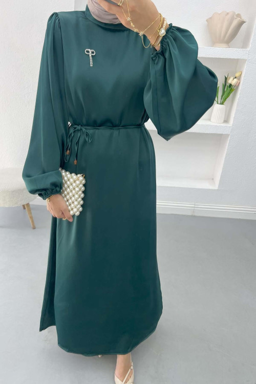 Brooch Satin Dress Emerald Green