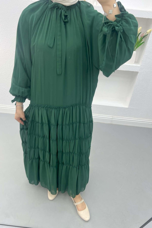 Dress with Gathering and Ruffle Detail Emerald Green