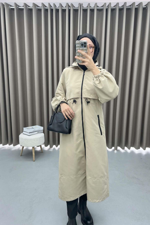 Drawstring Hooded Trench Coat Beige