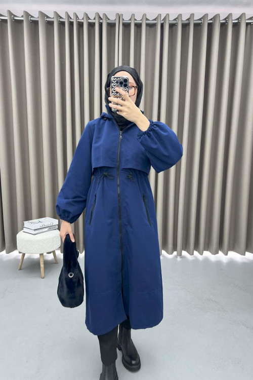 Drawstring Hooded Trench Coat Navy Blue