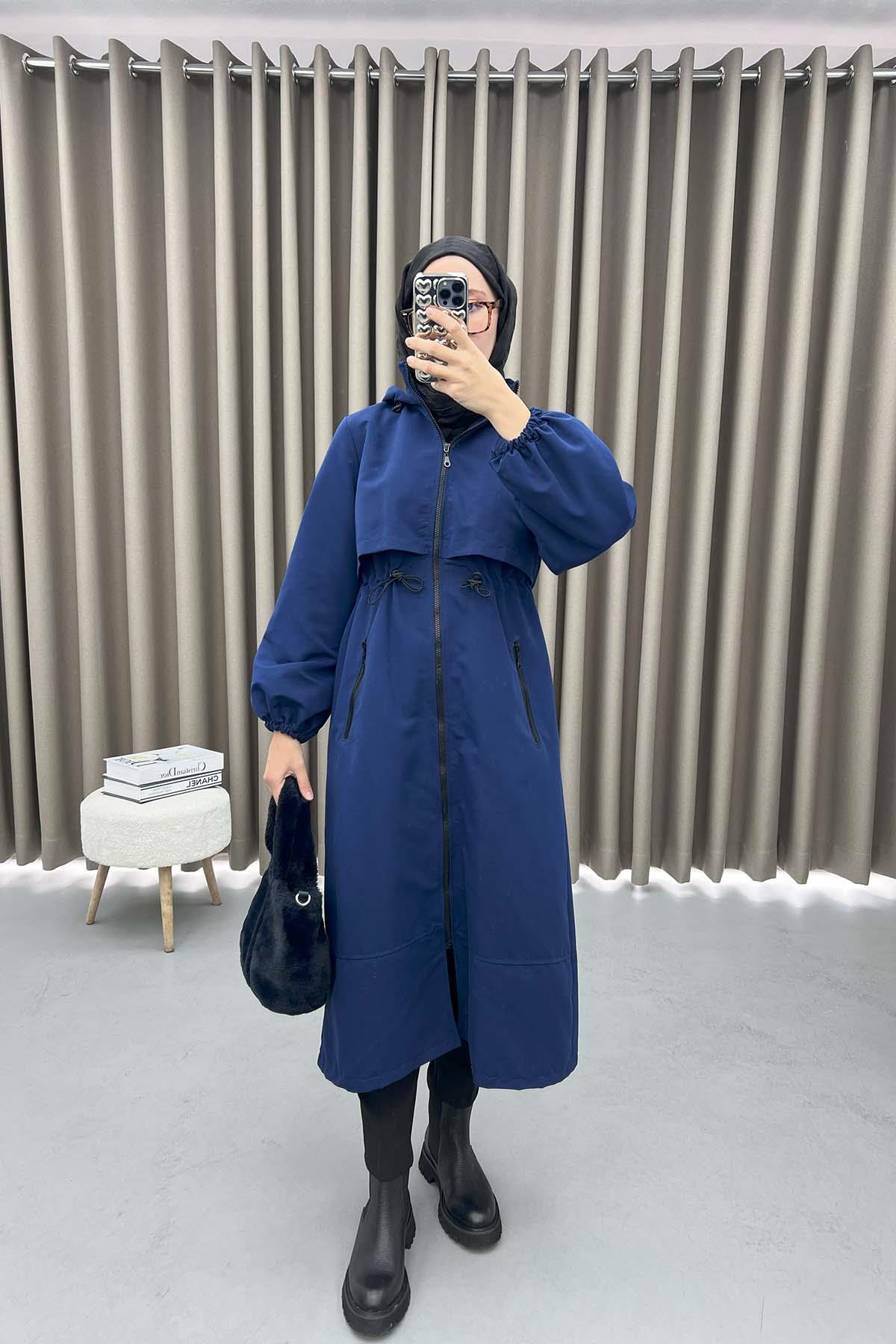 Drawstring Hooded Trench Coat Navy Blue