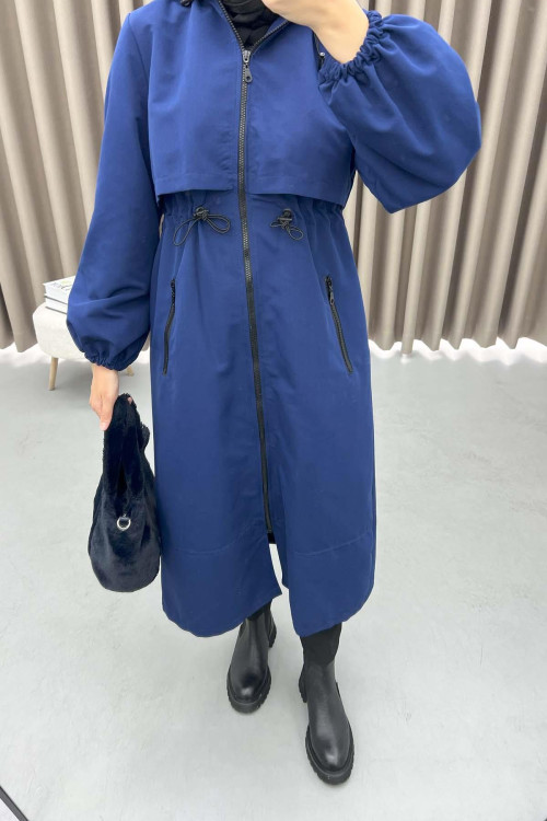 Drawstring Hooded Trench Coat Navy Blue