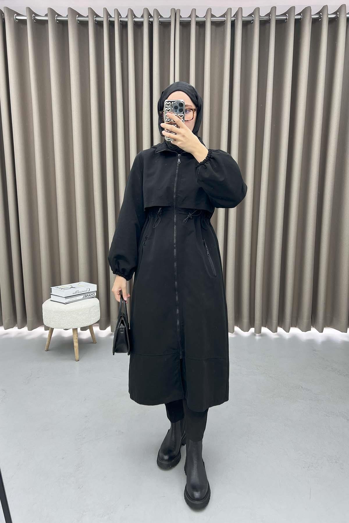 Drawstring Hooded Trench Coat Black