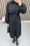 Drawstring Hooded Trench Coat Black