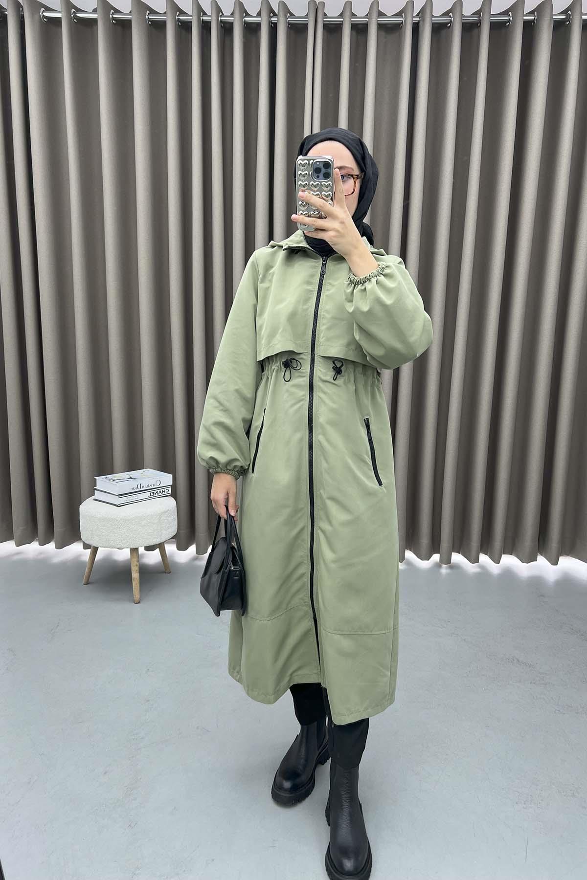 Drawstring Hooded Trench Coat Soft Green