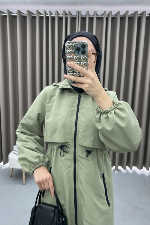 Drawstring Hooded Trench Coat Soft Green