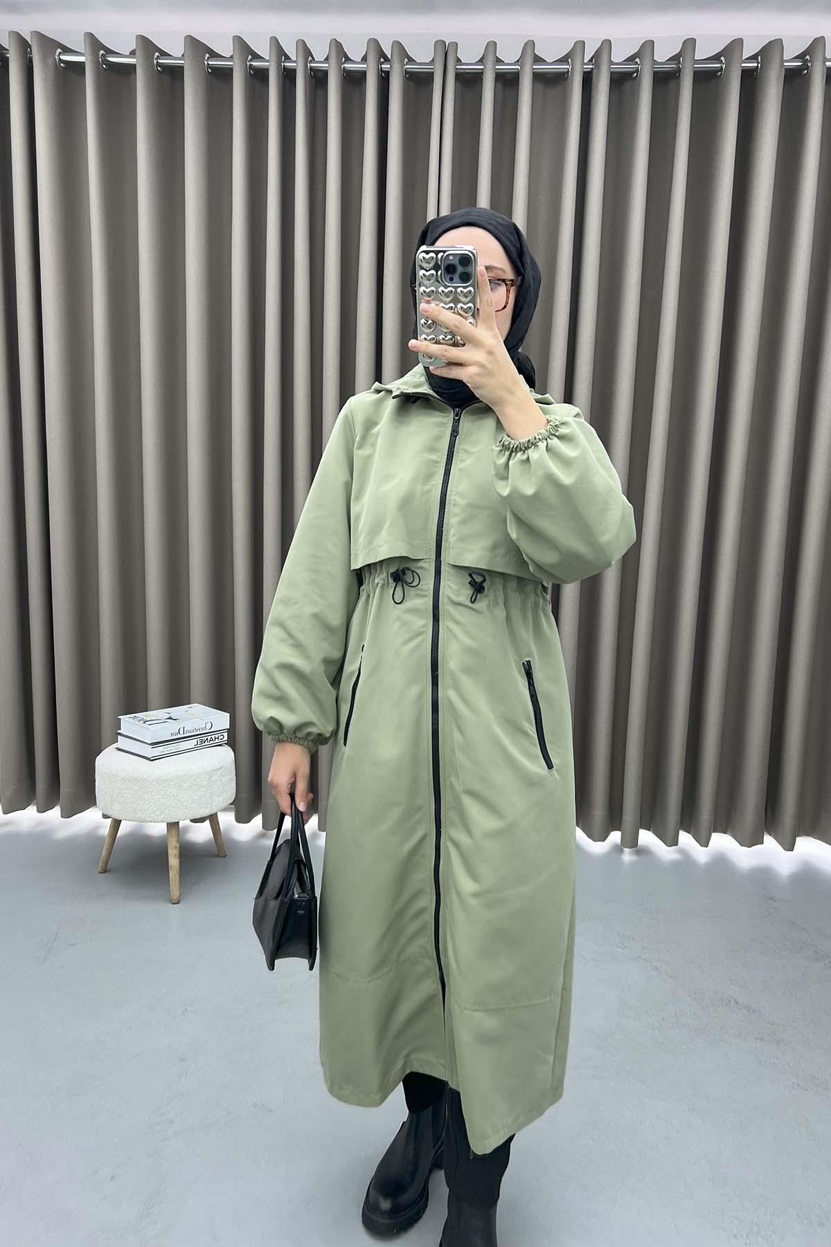 Drawstring Hooded Trench Coat Soft Green