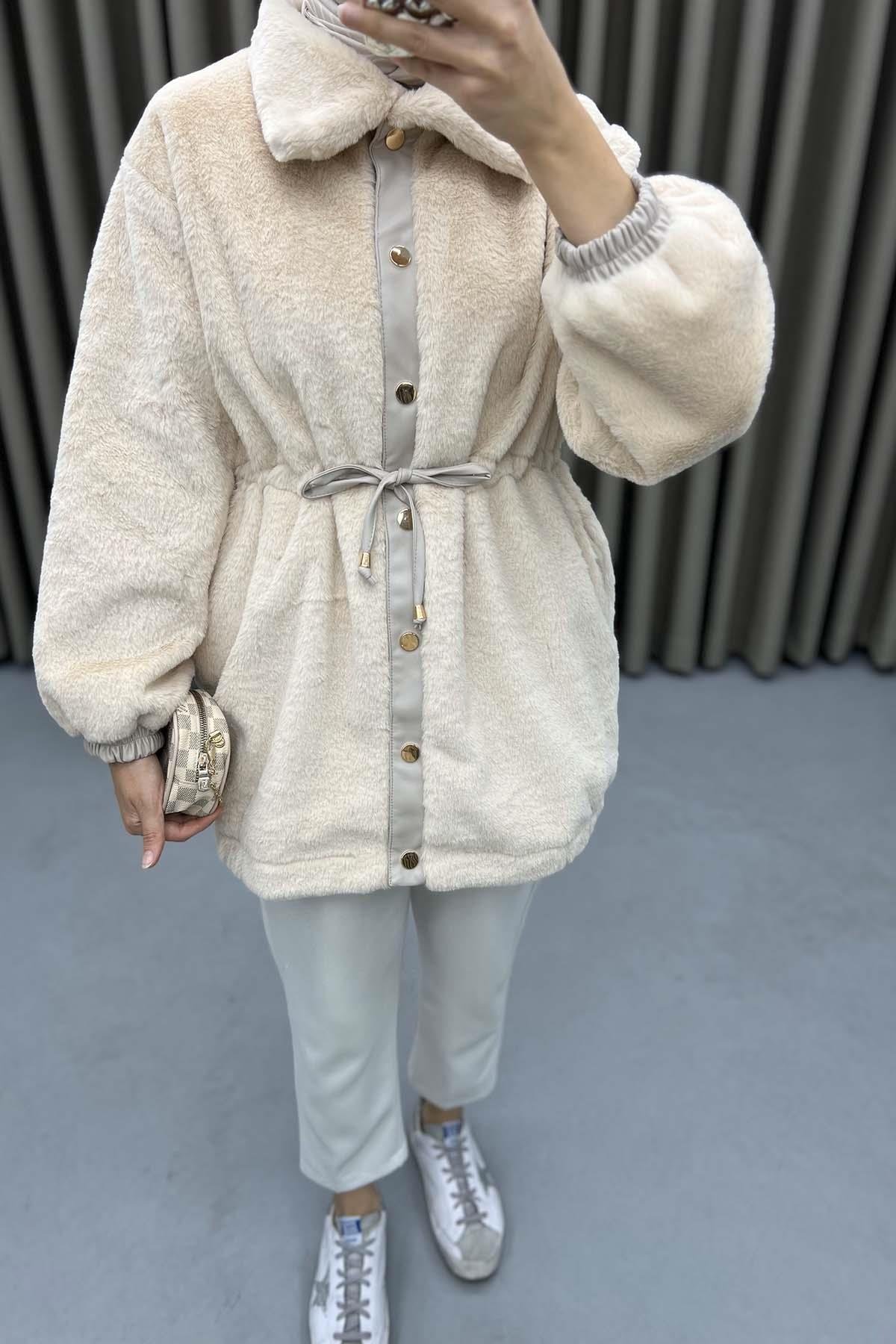 Pleated Plush Coat Cream