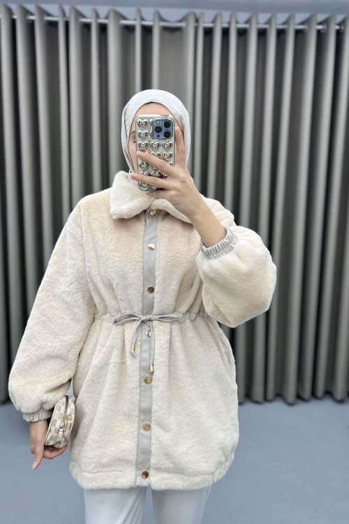 Pleated Plush Coat Cream