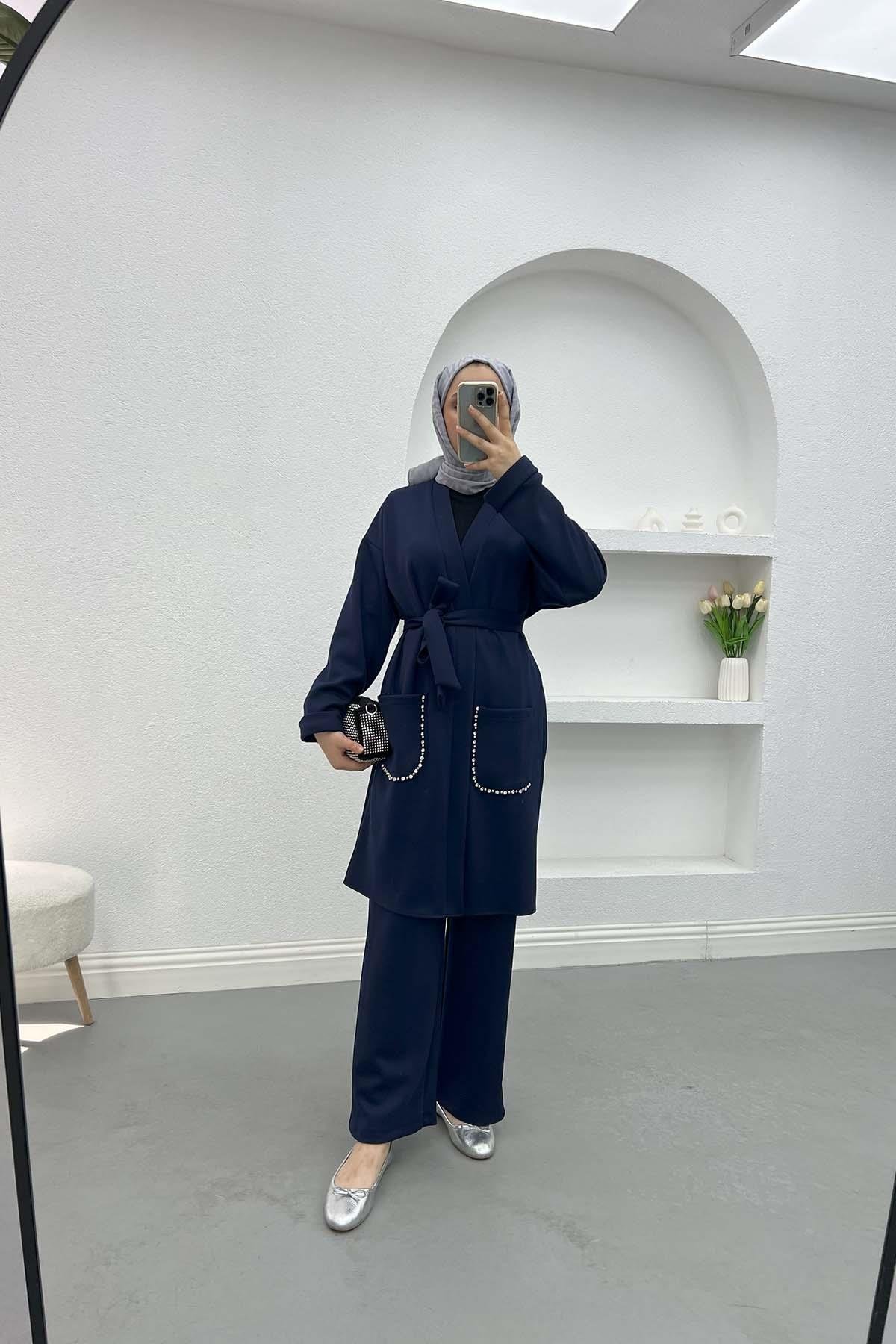 Stone Pocket Kimono Suit Navy Blue