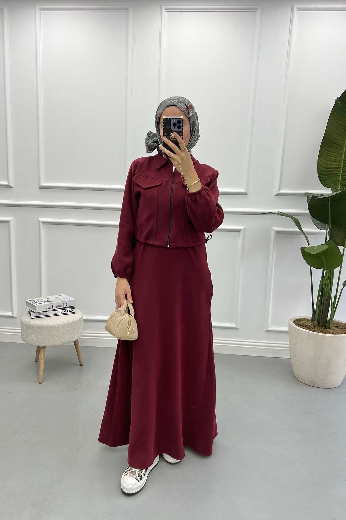 Jacketed Vest Dress Burgundy