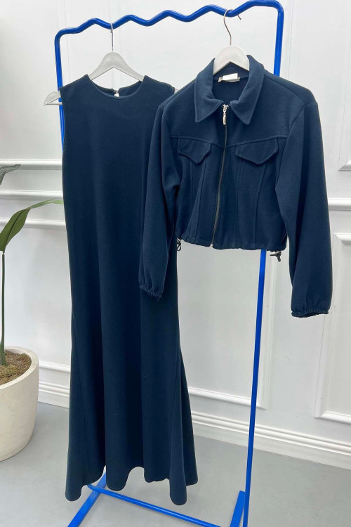 Jacketed Vest Dress Navy Blue