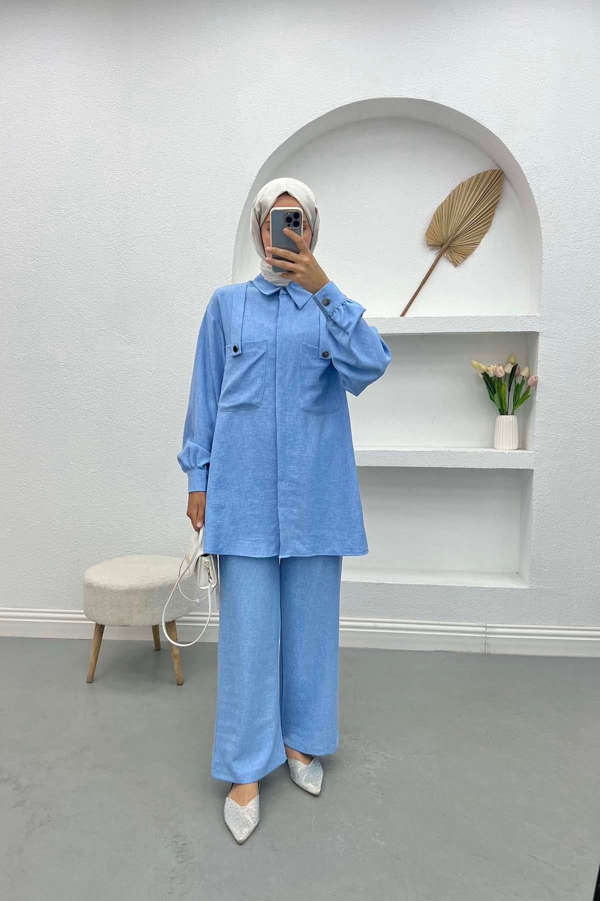 Pocket Detailed Shirt Set Blue