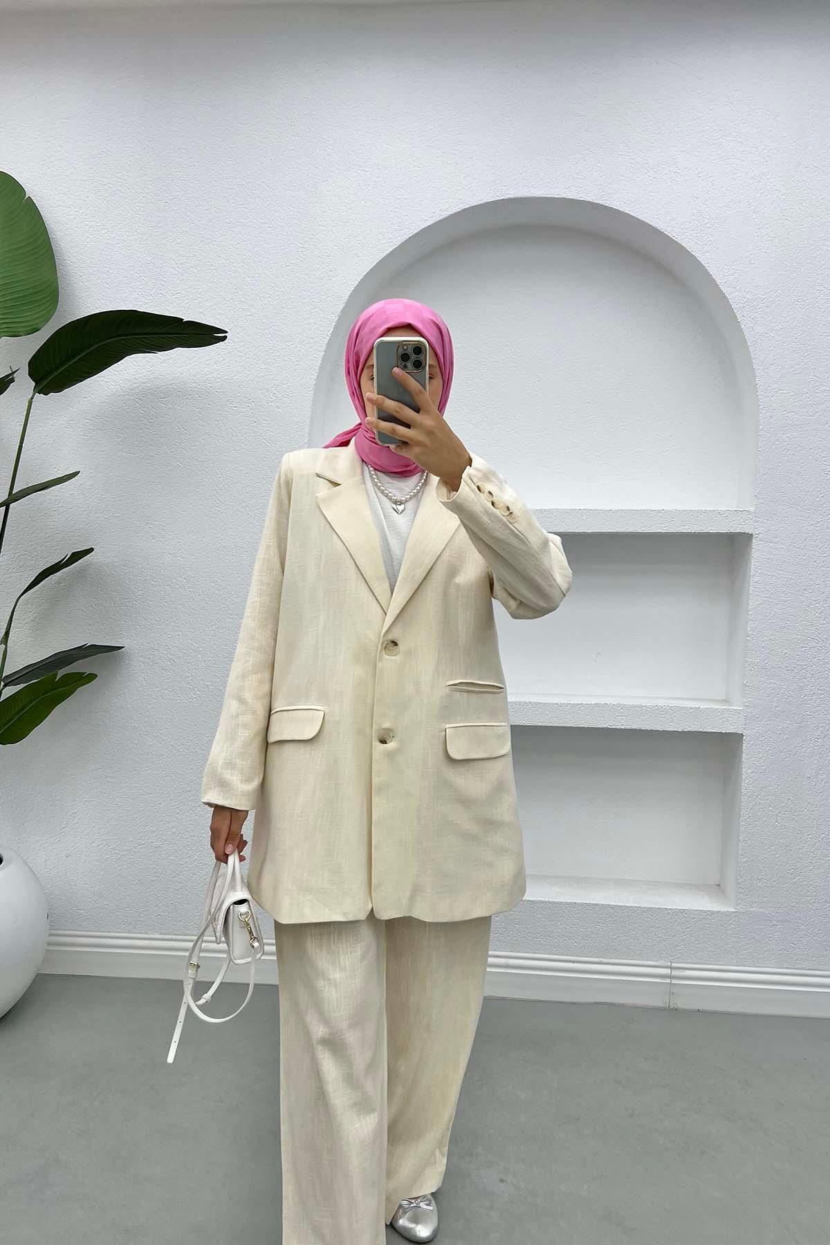 Linen Blazer Jacket with Pocket Detail Cream