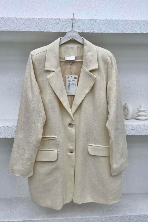 Linen Blazer Jacket with Pocket Detail Cream