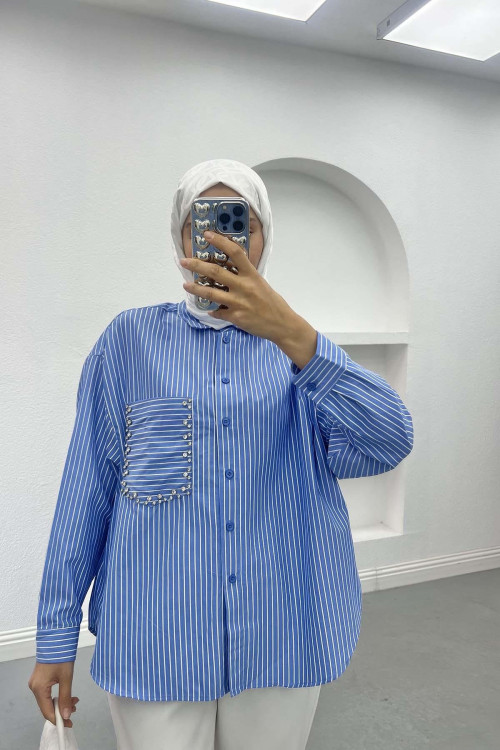 Pocket Stone Striped Shirt Blue