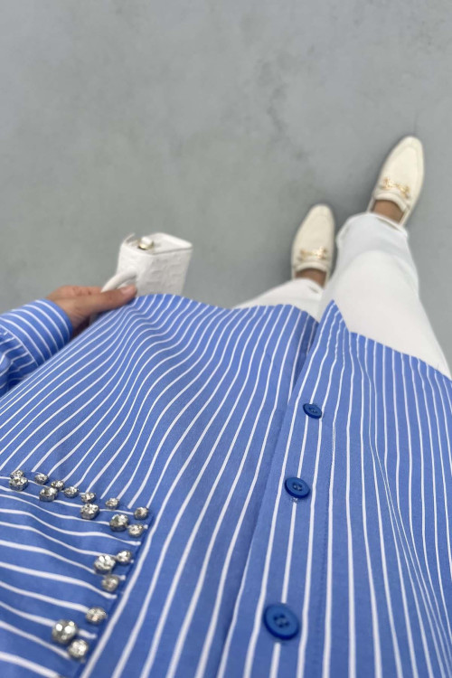 Pocket Stone Striped Shirt Blue