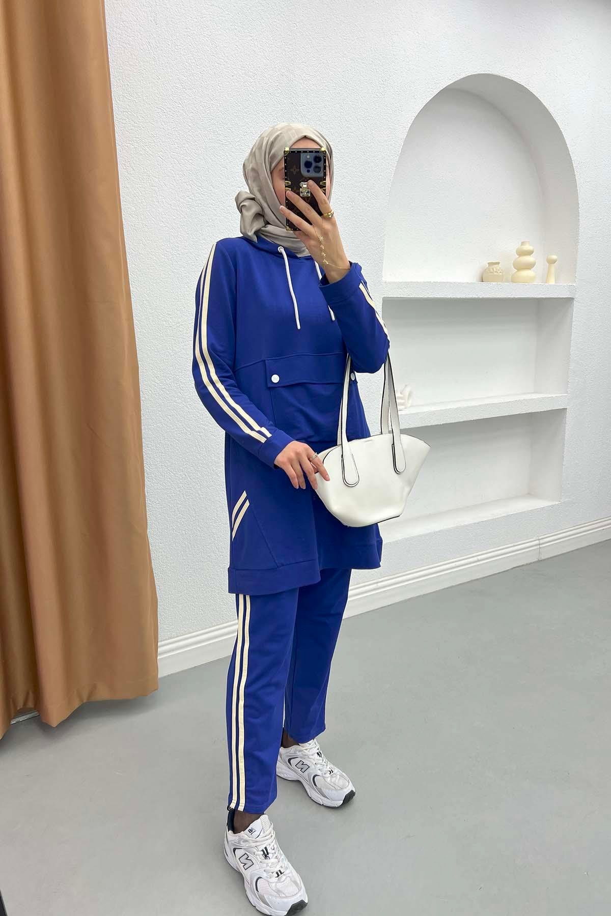 Pocketed Piping Detailed Knitwear Suit Blue