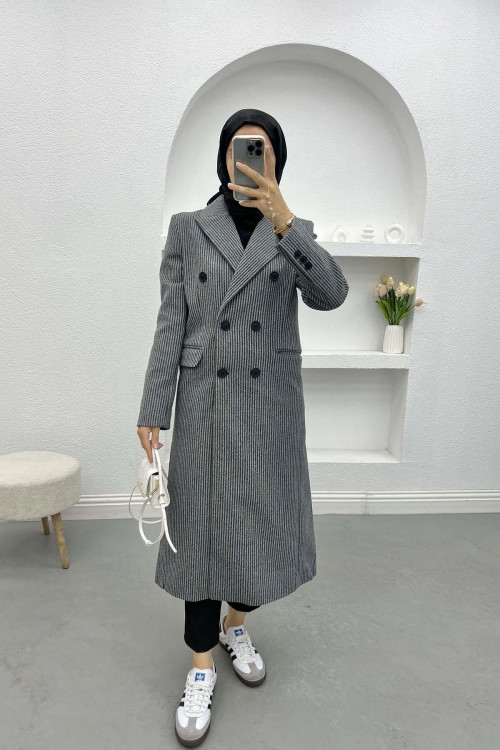 Striped Coat with Pockets Black