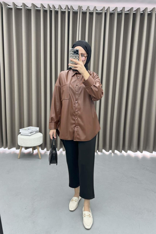 Leather Shirt with Pocket Brown