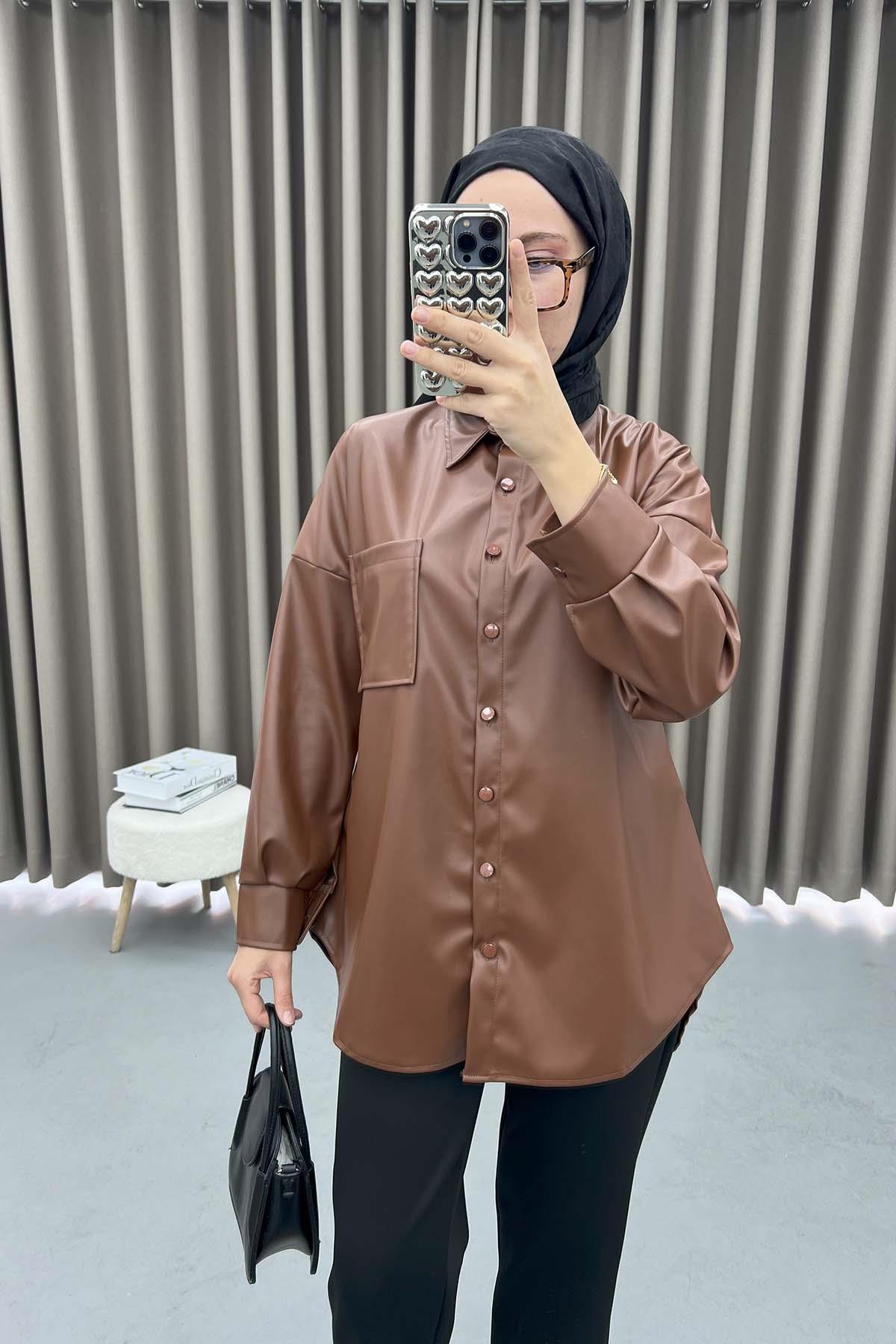 Leather Shirt with Pocket Brown