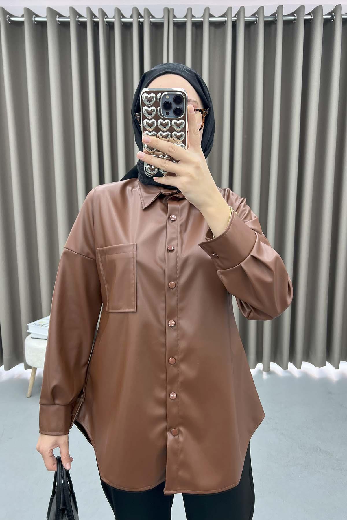 Leather Shirt with Pocket Brown