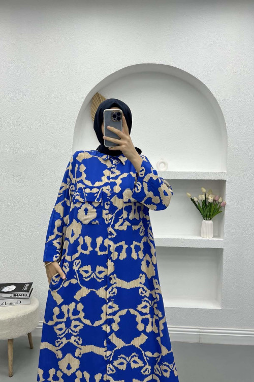 Pocket Patterned Dress Blue