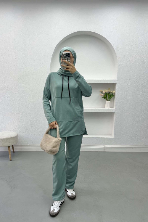 Pocket Hooded Suit Aqua Green