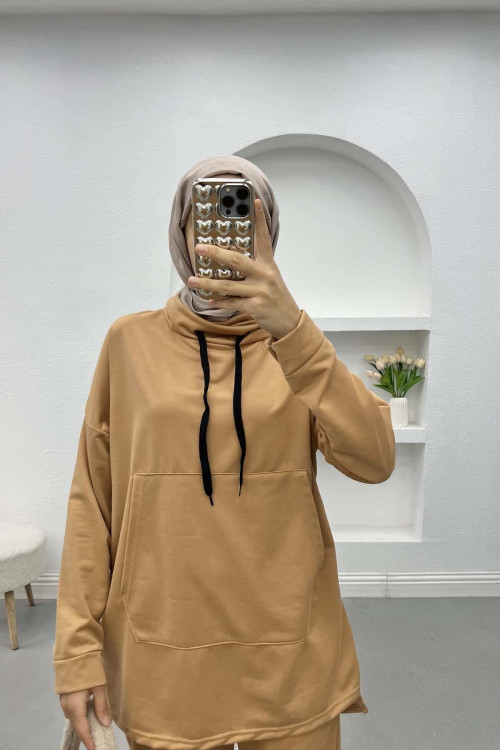 Pocket Hooded Set Milk Coffee