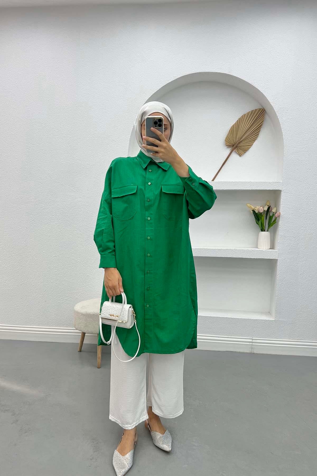 Linen Tunic with Pocket Benetton Green