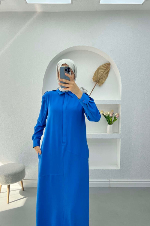 Pocketed Sleeve Stone Dress Blue