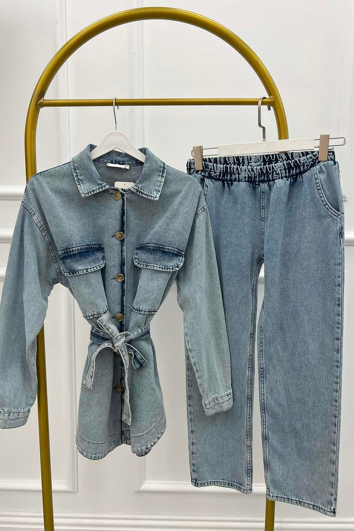 Pocket Denim Suit Light Blue