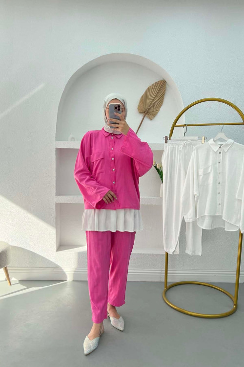 Oversize Linen Suit with Pockets Pink