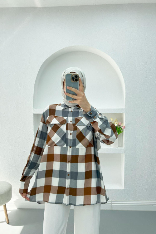 Pocket Gingham Shirt Brown