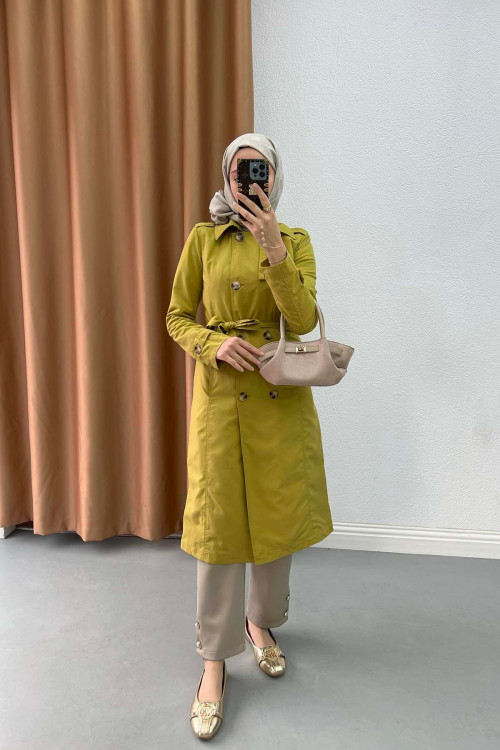 Flower Lined Trench Coat Olive Green