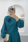 Flower Brooch Crop Suit Petrol Blue