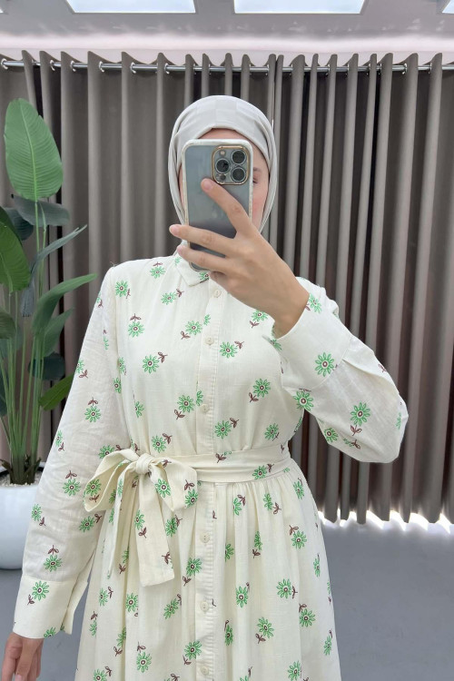 Floral Patterned Tied Linen Dress Green