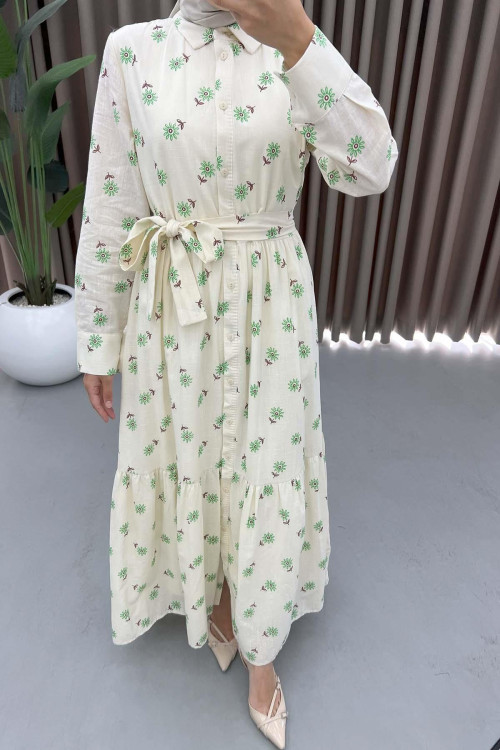 Floral Patterned Tied Linen Dress Green