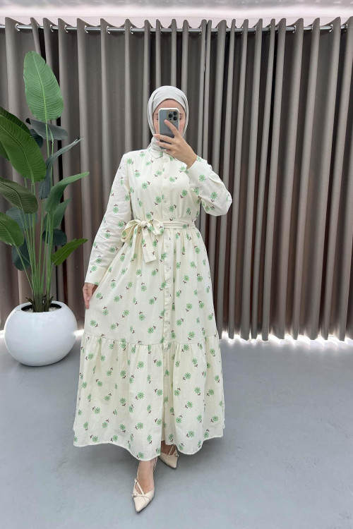 Floral Patterned Tied Linen Dress Green